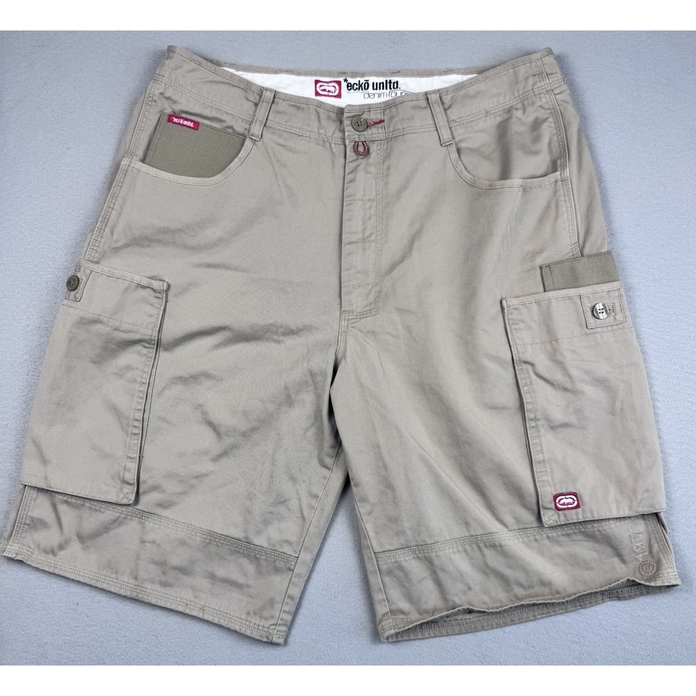 Ecko Unltd Y2K Wide Leg Cargo Shorts 36 Tan 11"‎ Skater Logo Streetwear Relaxed